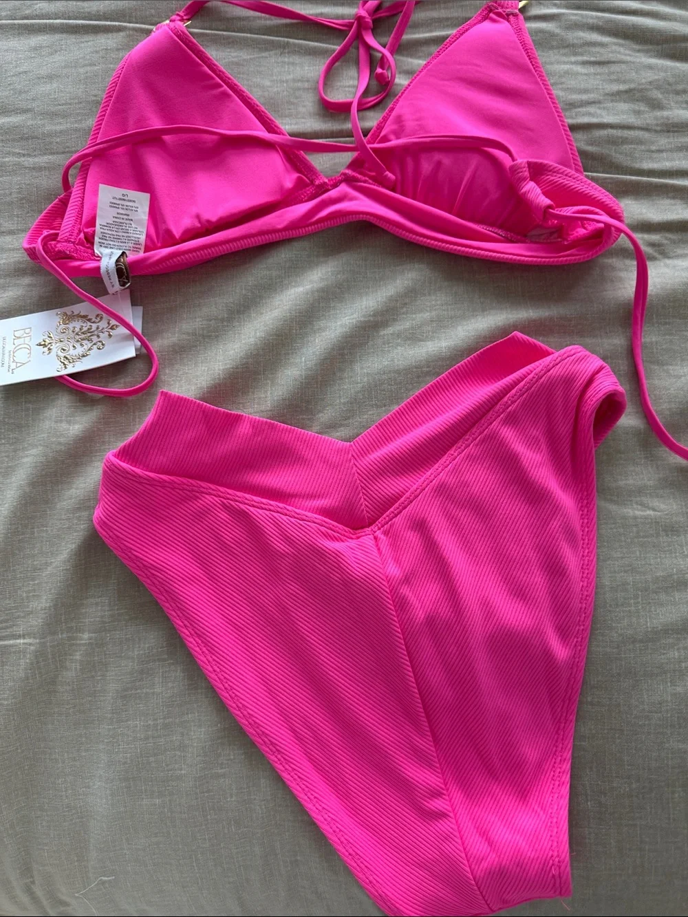 BECCA Hot Pink Ribbed Triangle Bikini Set - Picture 2 of 5